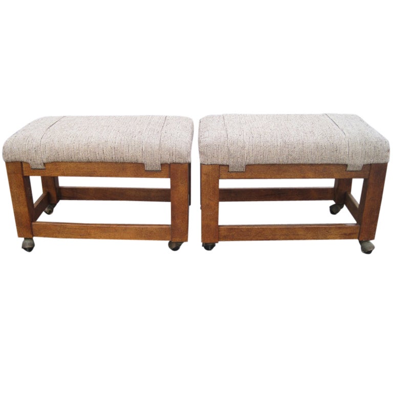Pair of Mid-Century Modern Signed Mahogany Ottomans For Sale