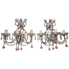 Rare French Pink Opaline Drop Sconces