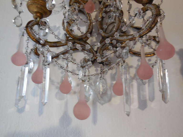 Pair c1900 French Pink Crystal Sconces For Sale 4