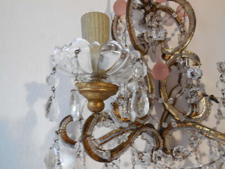 Pair c1900 French Pink Crystal Sconces For Sale 3