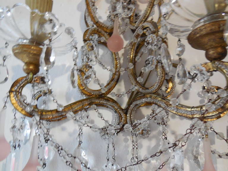 20th Century Pair c1900 French Pink Crystal Sconces For Sale