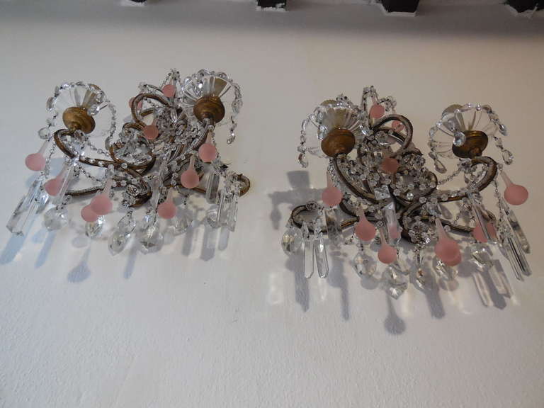 Pair c1900 French Pink Crystal Sconces For Sale 1