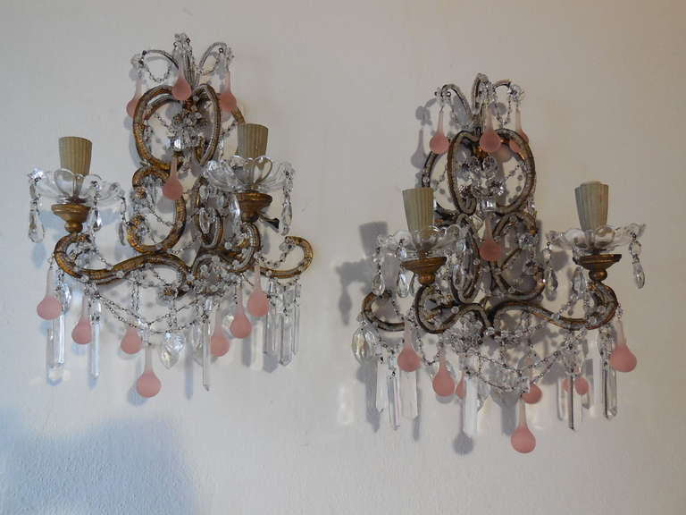 Pair c1900 French Pink Crystal Sconces In Excellent Condition For Sale In Palm Springs, CA