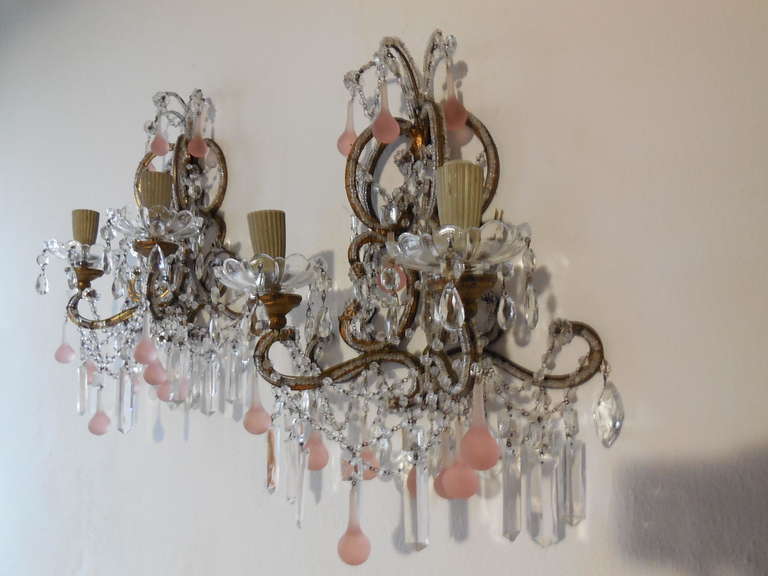 Pair c1900 French Pink Crystal Sconces For Sale 2