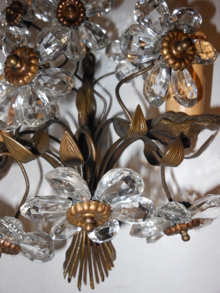 c1920's Pair Crystal Daisy Flower Sconces In Excellent Condition In Palm Springs, CA