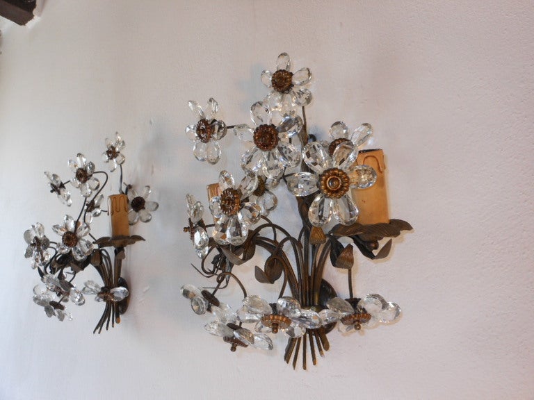 French c1920's Pair Crystal Daisy Flower Sconces