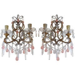 Pair c1900 French Pink Crystal Sconces