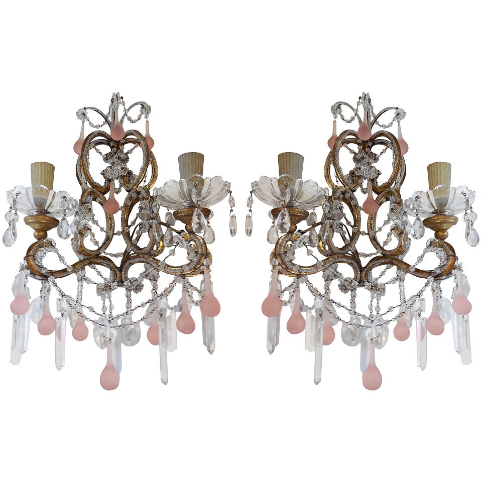Pair c1900 French Pink Crystal Sconces For Sale