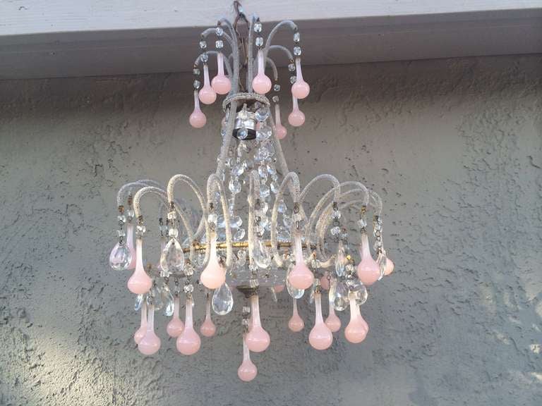 Gorgeous 19 century bubble gum tear drop opaline crystal chandelier all housed on a double crystal beaded frame with mini crystal micro beaded arms, macaroni beads and crystal bobeche plate pink tear drop at bottom housing one light rewired and
