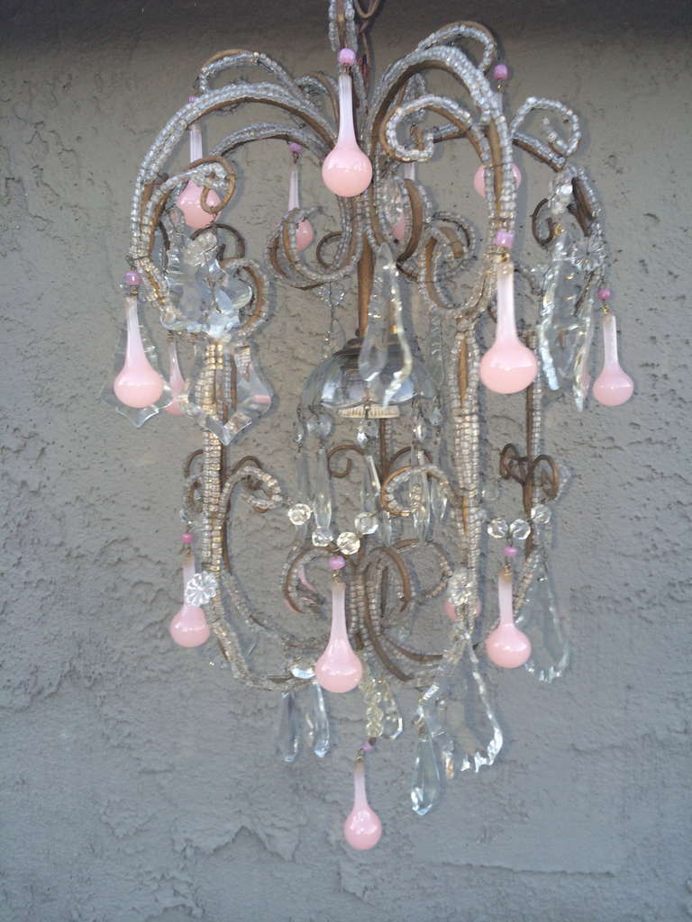 C1900 Pink Opaline Drop Birdcage Chandelier