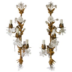 Pair Hugh c1910 French Baccarat Crystal Rose Tole Sconces