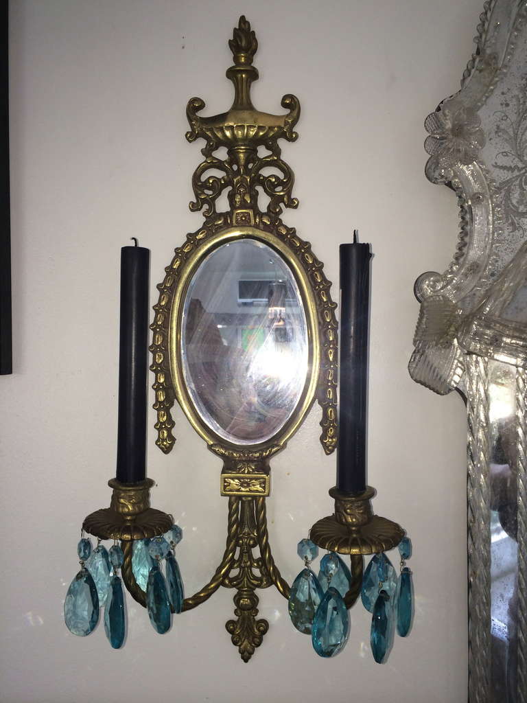 Pair Vintage French Mirror Brass Crystal Sconces For Sale 2