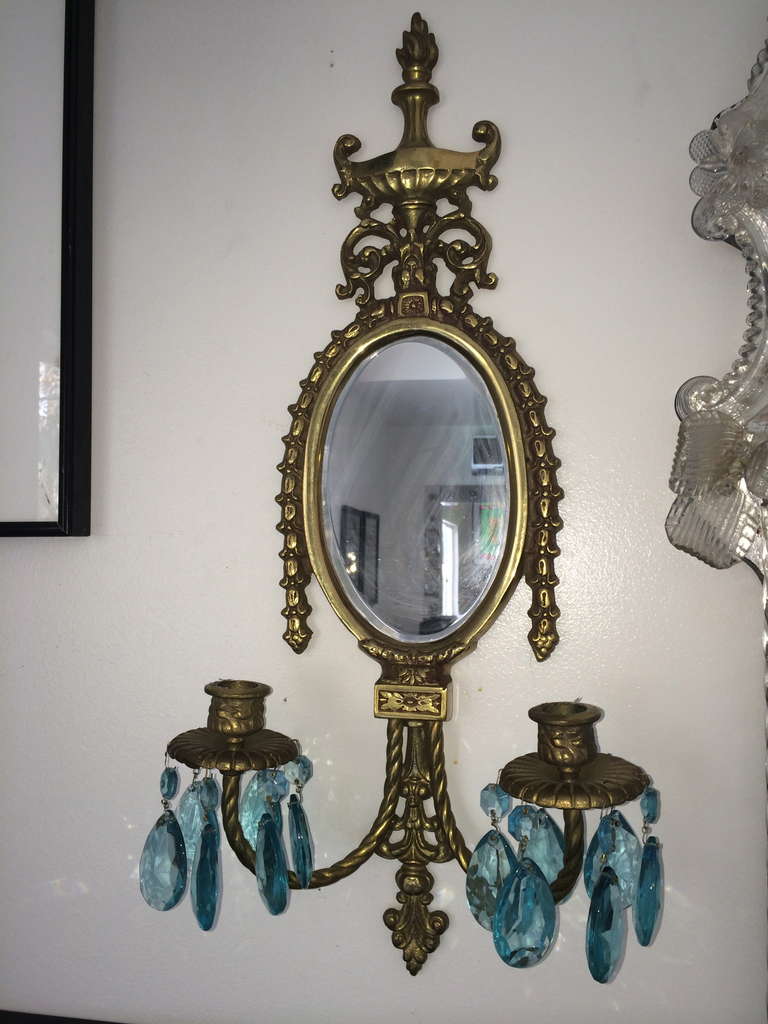 Pair of French mirrored brass and turquoise crystal sconces