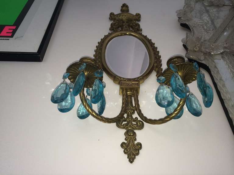 20th Century Pair Vintage French Mirror Brass Crystal Sconces For Sale
