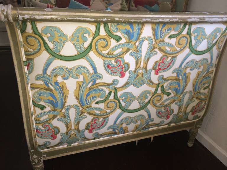 Gorgeous 19 century french day bed newly recovered in a stunning Scalamndre fabric.  Greenish grey shabby chic twin size frame.  All vintage pillows and paisley sold separately.