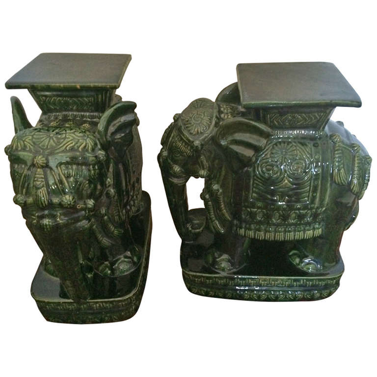 Pair Vintage Dark Green Ceramic Elephant Tables For Sale