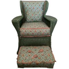 French VIntage Green Whicker Chair Ottoman