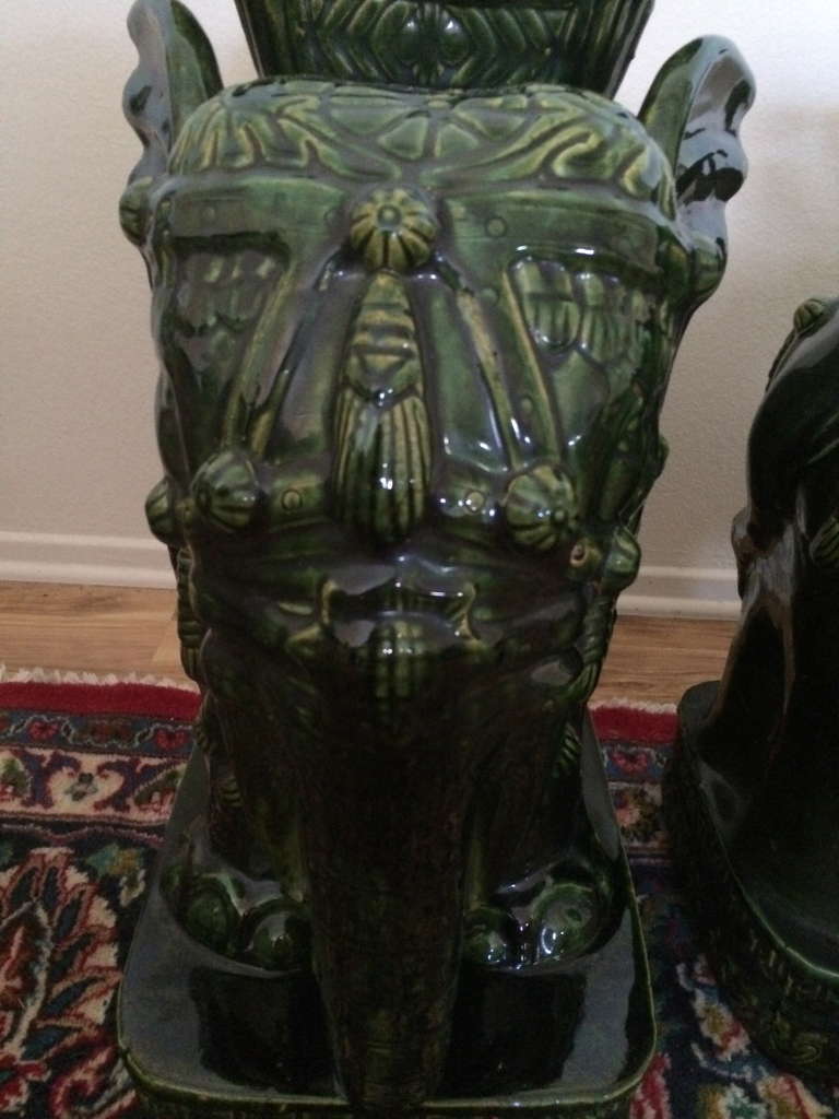 Pair Vintage Dark Green Ceramic Elephant Tables For Sale 1