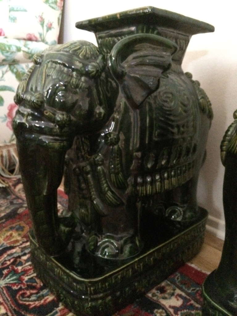 Unknown Pair Vintage Dark Green Ceramic Elephant Tables For Sale