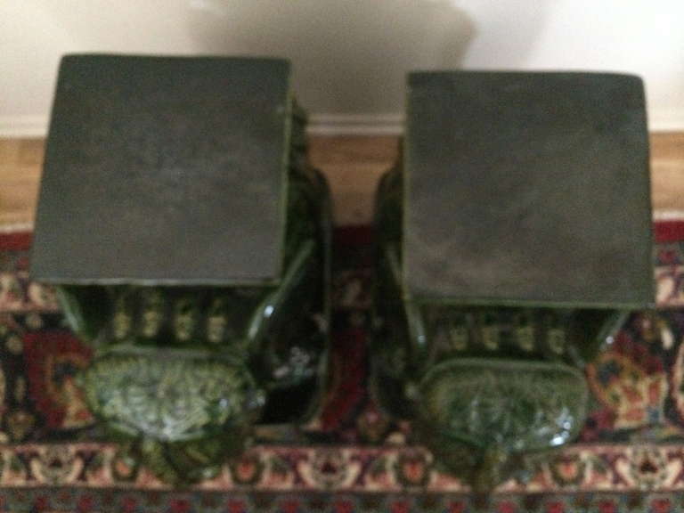 Pair Vintage Dark Green Ceramic Elephant Tables For Sale 2