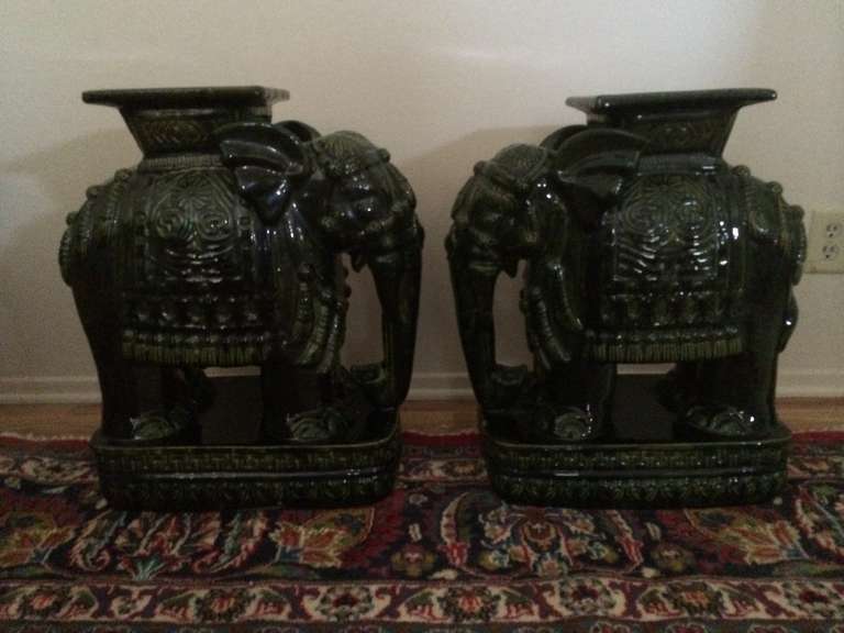 Pair Vintage Dark Green Ceramic Elephant Tables For Sale 5