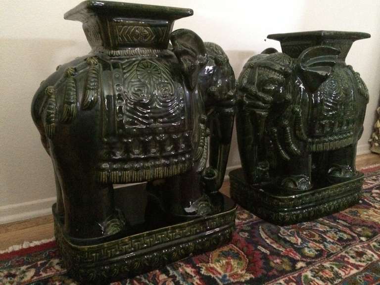 Pair Vintage Dark Green Ceramic Elephant Tables