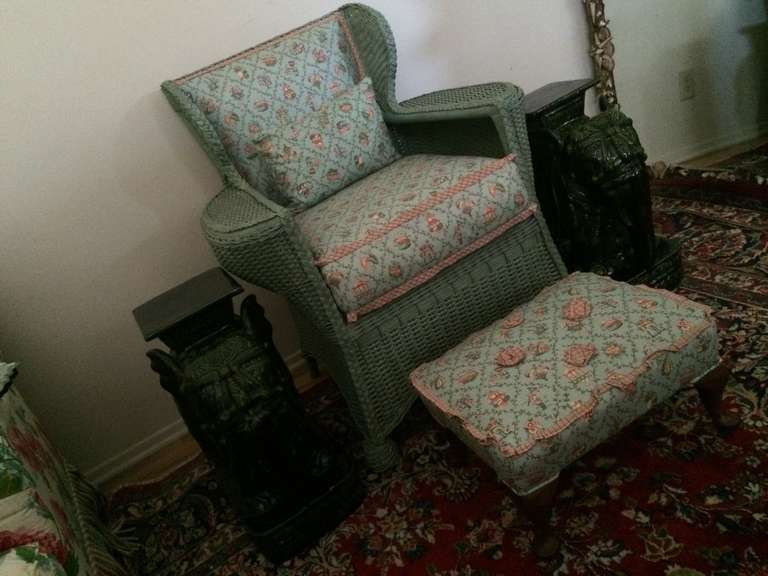 French VIntage Green Whicker Chair Ottoman