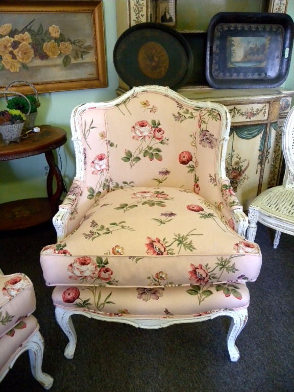 A fabulous, eye catching chair! Vintage, 1950's frame, cottage white, shabby style paint, understated French Country style! A comfortable pair of Paris Salon Club Chairs!  Easy on the eyes and comfortable to sit!  The chair are re-upholstered with a