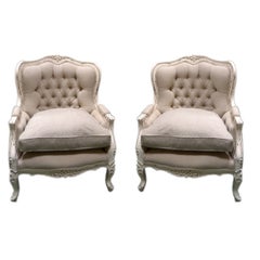 Vintage French Country Salon Club Chairs ~ Nubby Linen ~ PAIR (2)