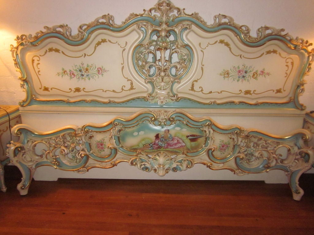 FABULOUS Vintage Italian Venetian Bed! Head board,foot board and side boards.THE COLORS IN PERSON ARE SO AMAZING!!!<br />
Their is also a matching double dresser,mirror,armior and pair of side tables.
