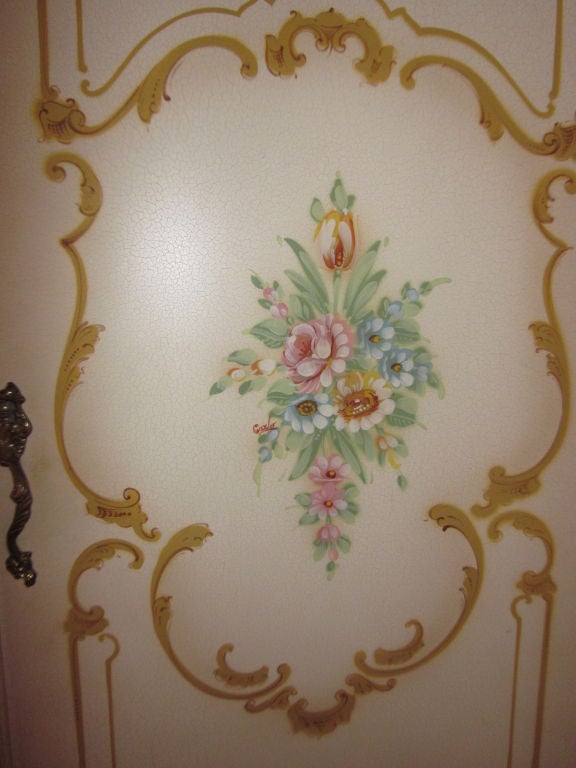 GORGEOUS Venetian floral armoir~<br />
Pinks,greens,yellows,gold gilding galore!!!<br />
Bottom drawer.<br />
Photos don't do it justice or show how beautiful and vibrant the colors are~