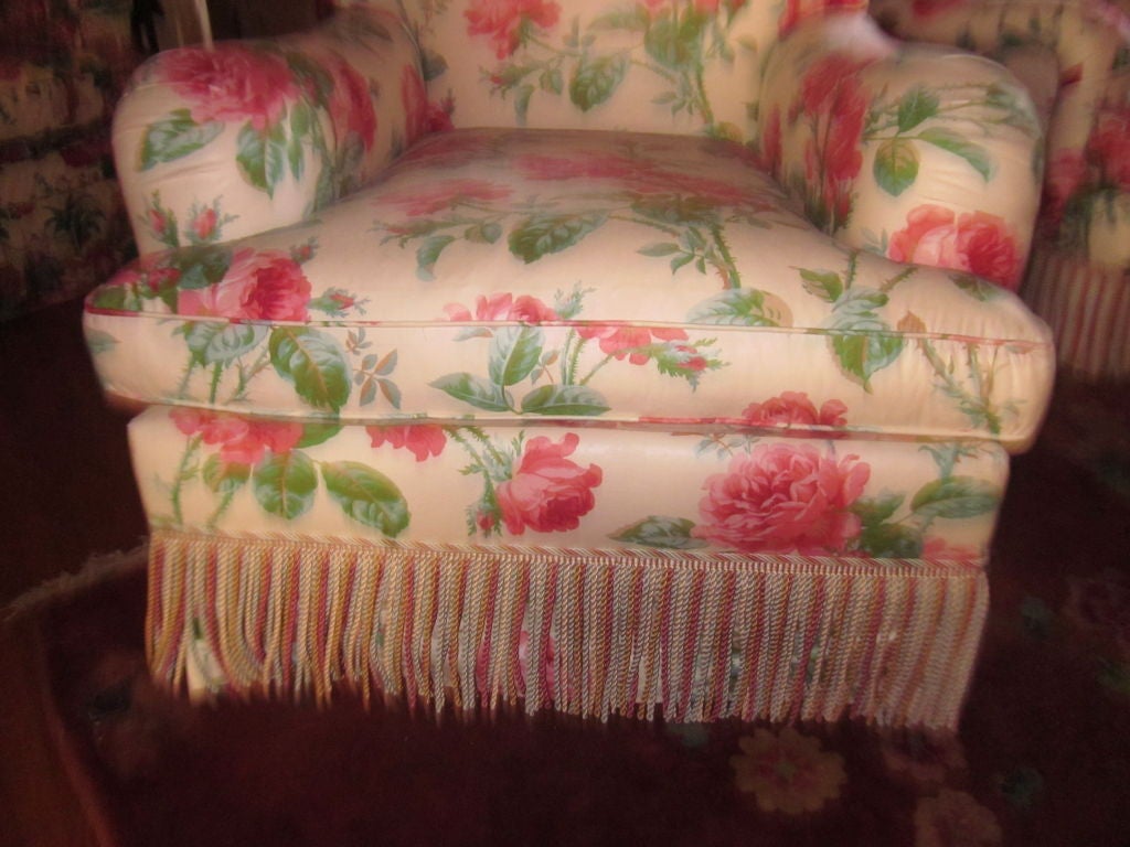 Custom Rose Cummings large scale pair of club chairs custom cabbage rose fabric.Custom Houles bulloin fringe.Custom everything!!! Beyond amazing!
Pinks,greens,turqs on off white...Came color Houles Bullion fringe.