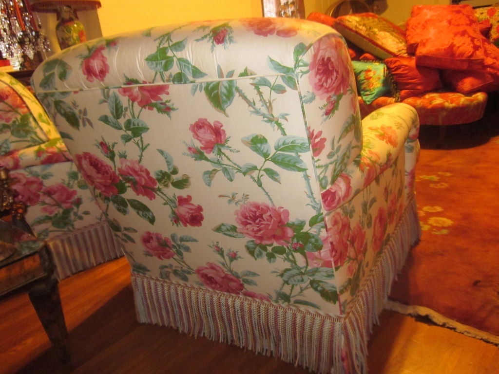 Fabulous Pair Vintage Cabbage Rose Club Chairs For Sale 1