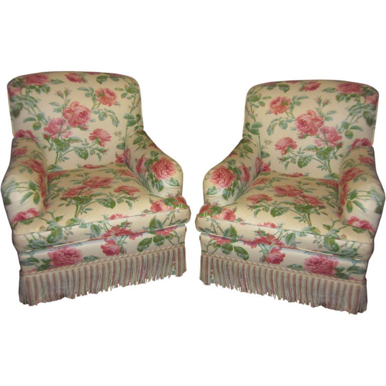 Fabulous Pair Vintage Cabbage Rose Club Chairs For Sale