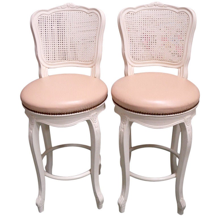 Pair (2) French Country Cane Back Bar Stools ~ Pink Naugahyde!