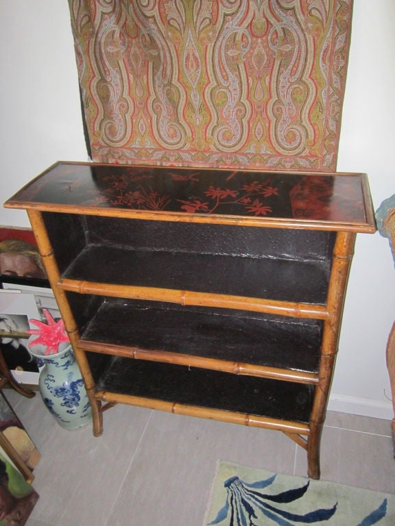 Beautiful vintage japanning bookcase...Vibrant red, gold,birds and flowers~
