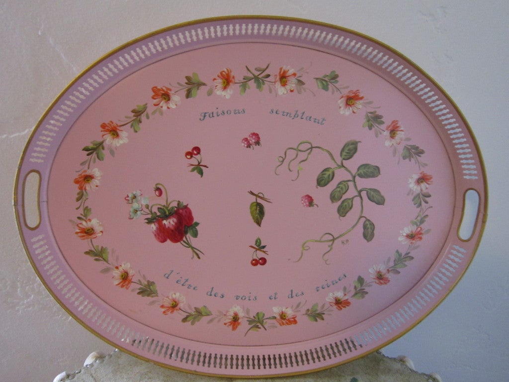 Fabulous pink hand painted tole tray and gold edging~