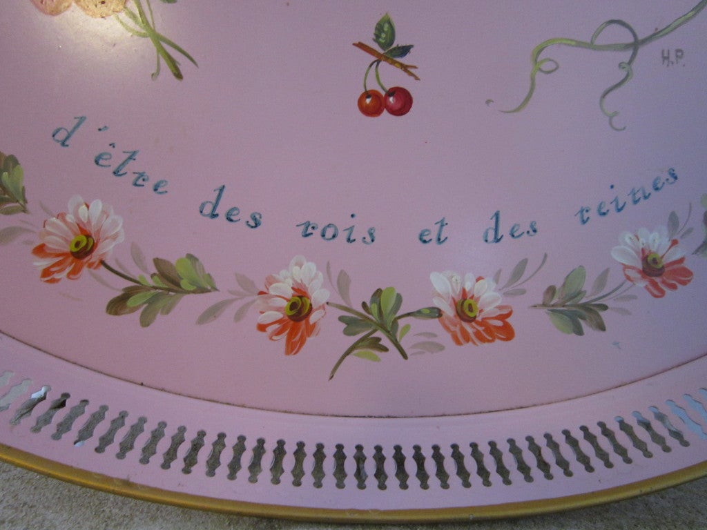 20th Century Pink Hand Painted Tole Tray For Sale