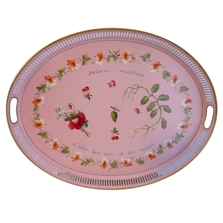 Pink Hand Painted Tole Tray For Sale