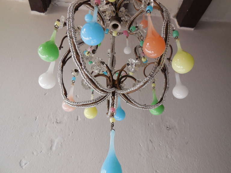 c1920 French Petite Rainbow Opaline Drop Chandelier