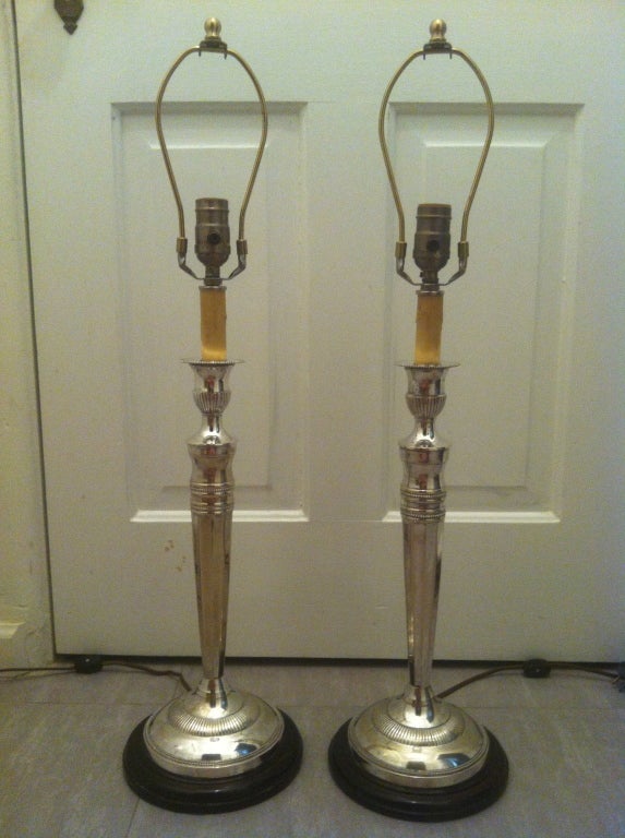Pair 19c Sterling Silver Candlestick Lamps