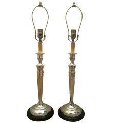 Pair 19c Sterling Silver Candlestick Lamps Pair 19c Sterling Silver Candlestick Lamps