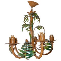 French Tole Faux Palm Bamboo Chandelier