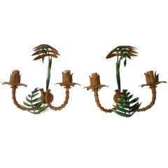 French Tole Faux Palm Bamboo Sconces