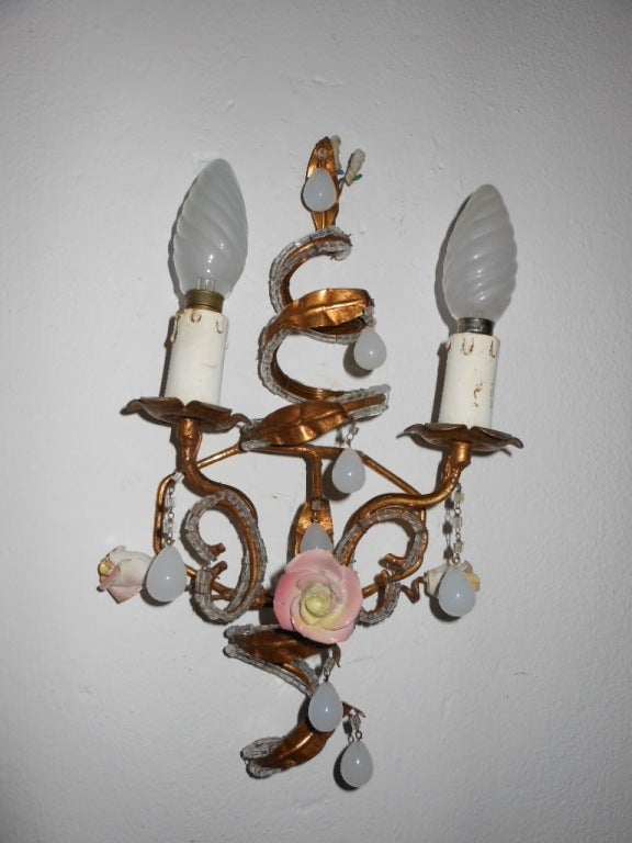 Pair Vintage Opaline Rose Sconces