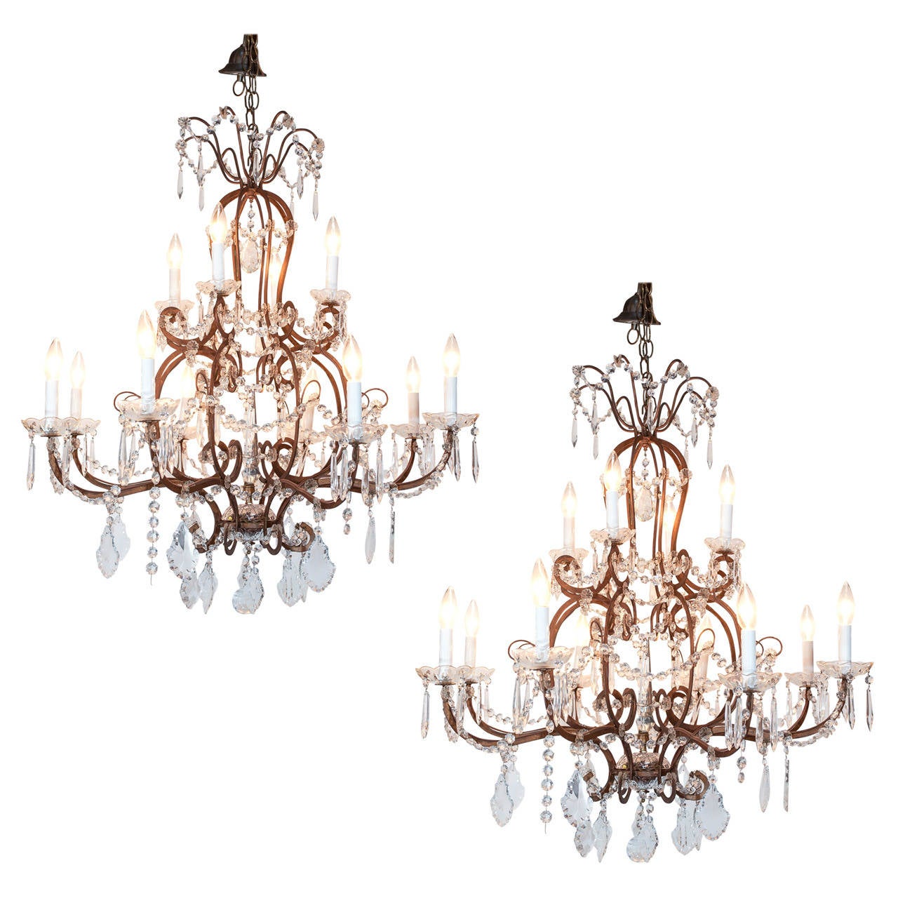 Pair of 20th Century Crystal Chandeliers in Pressed Metal Carcass For Sale
