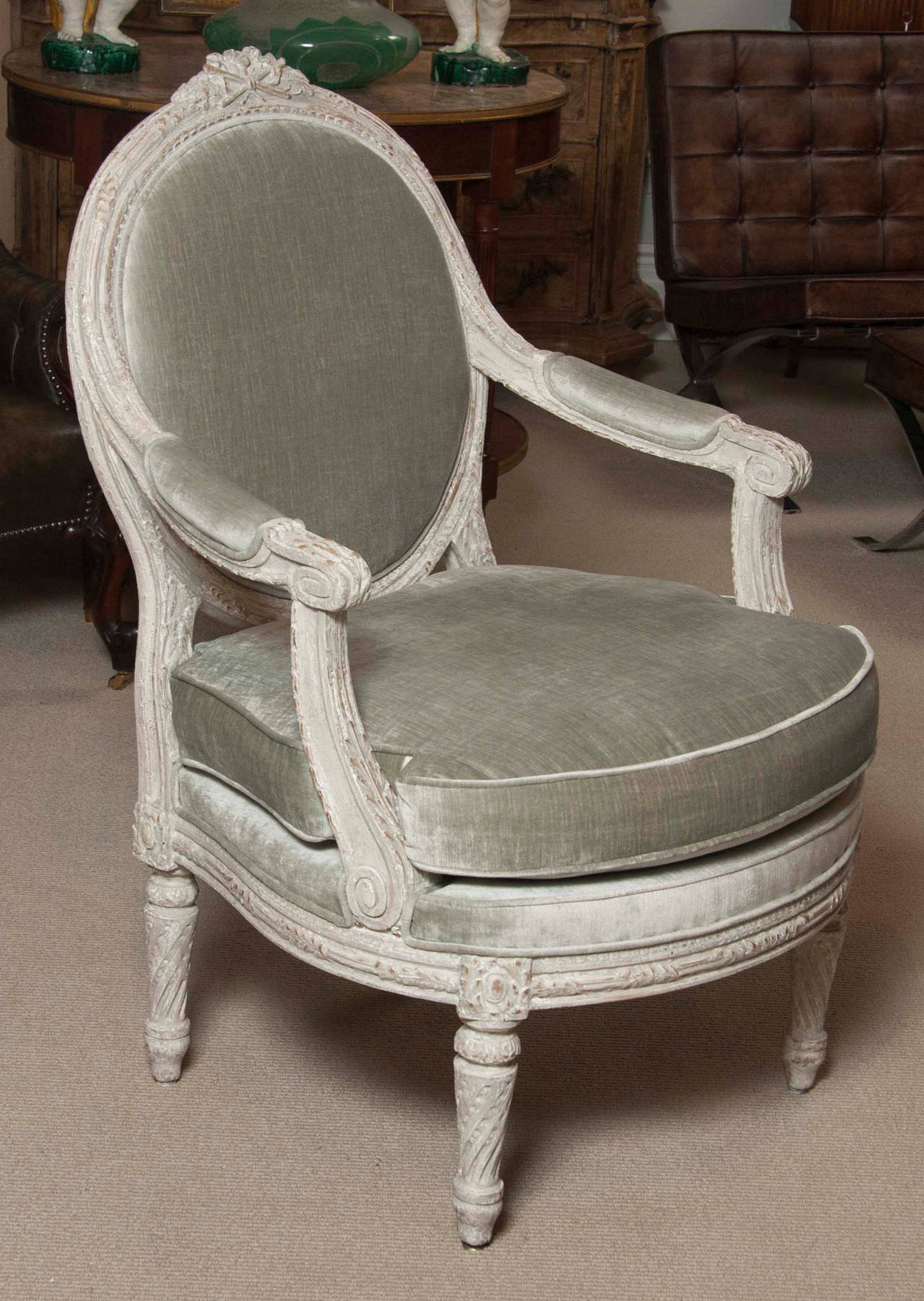 An impressive pair of Italian, late 18th century painted neoclassical armchairs from the piedmont region.