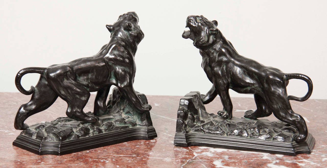A pair of English late 19th century patinated bronze metal lion form bookends.