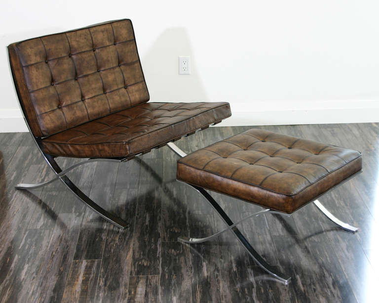 Mid-Century Modern A Pair of Vintage Barcelona Chairs with Ottomans