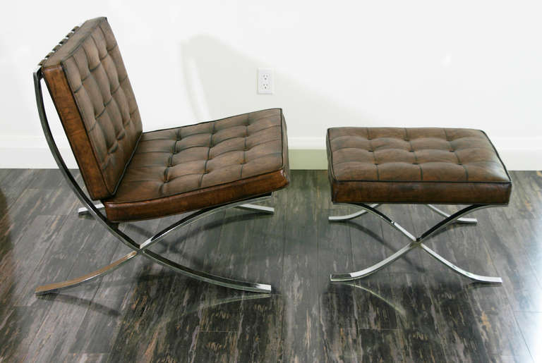 American A Pair of Vintage Barcelona Chairs with Ottomans
